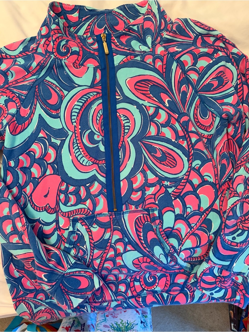 Lilly Pulitzer zip -Up light sweat shirt Bright Pink & Teal Print